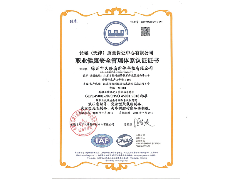 职业健康安全管理体系认证证书中文